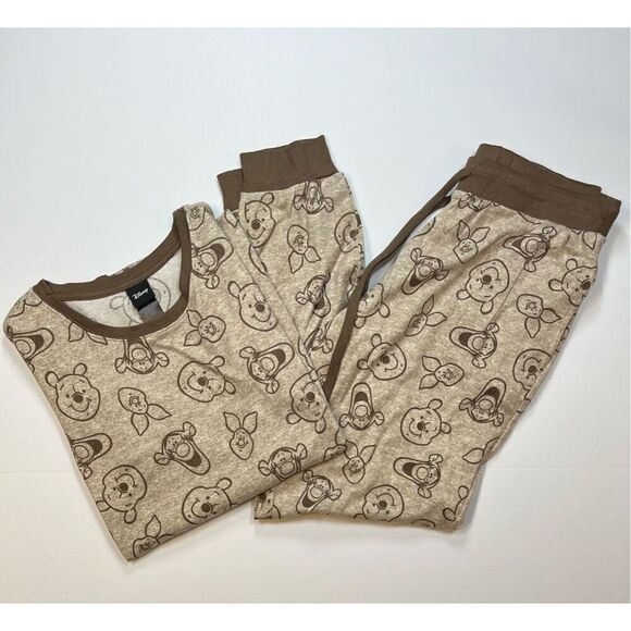 Disney Tan Brown Winnie The Pooh Long Sleeve Top Bottom Pajama Set Size Small - Picture 1 of 10